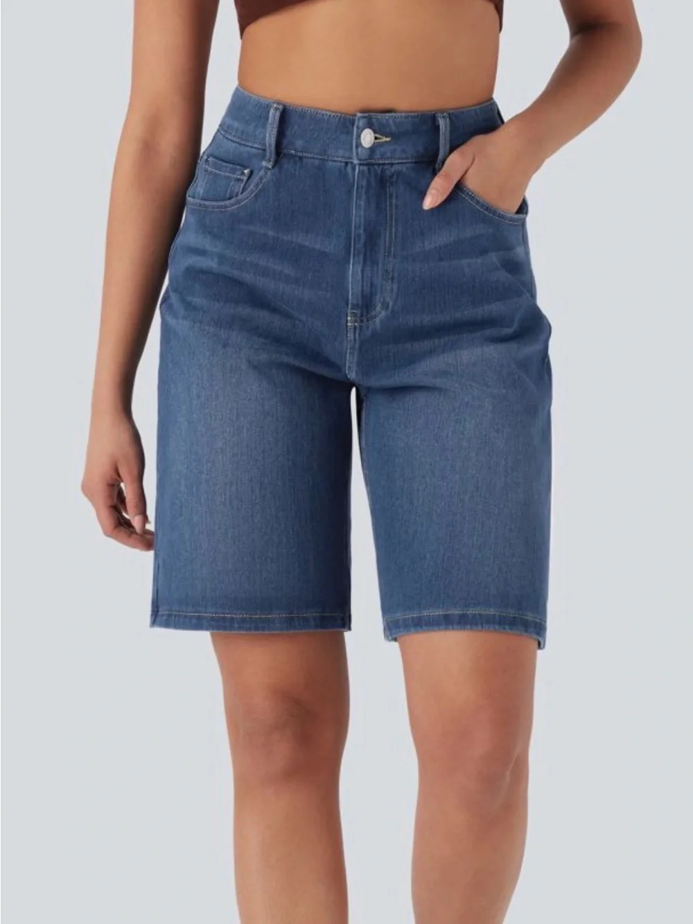 Halara Flex™HighWaisted Pockets Washed Denim Casual Bermuda Shorts cerulean blue - Picture 9 of 11